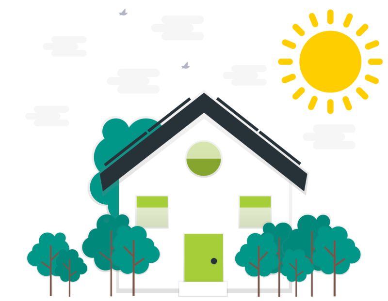 Enkel illustration över solceller på ett villatak med träd och solen som skiner