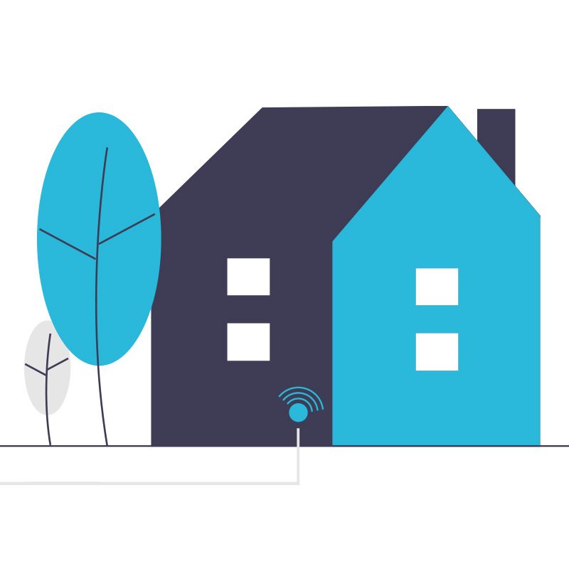 Illustrerat hus i blått med indragen fiber i huset