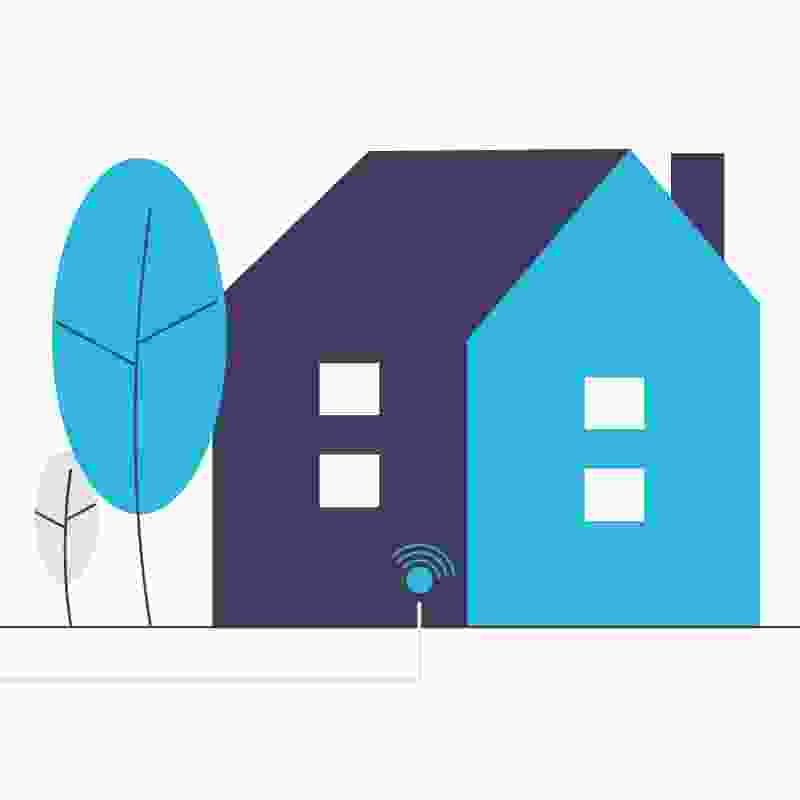 Illustrerat hus i blått med indragen fiber i huset